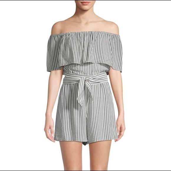 Alice + Olivia Pants - Alice + Olivia Dory Striped Off Shoulder Linen Romper 4